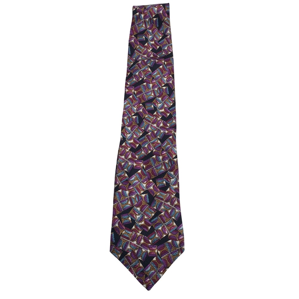 Martin Wong Mens Silk Geometric Abstract Necktie OS Purple Teal Gold
